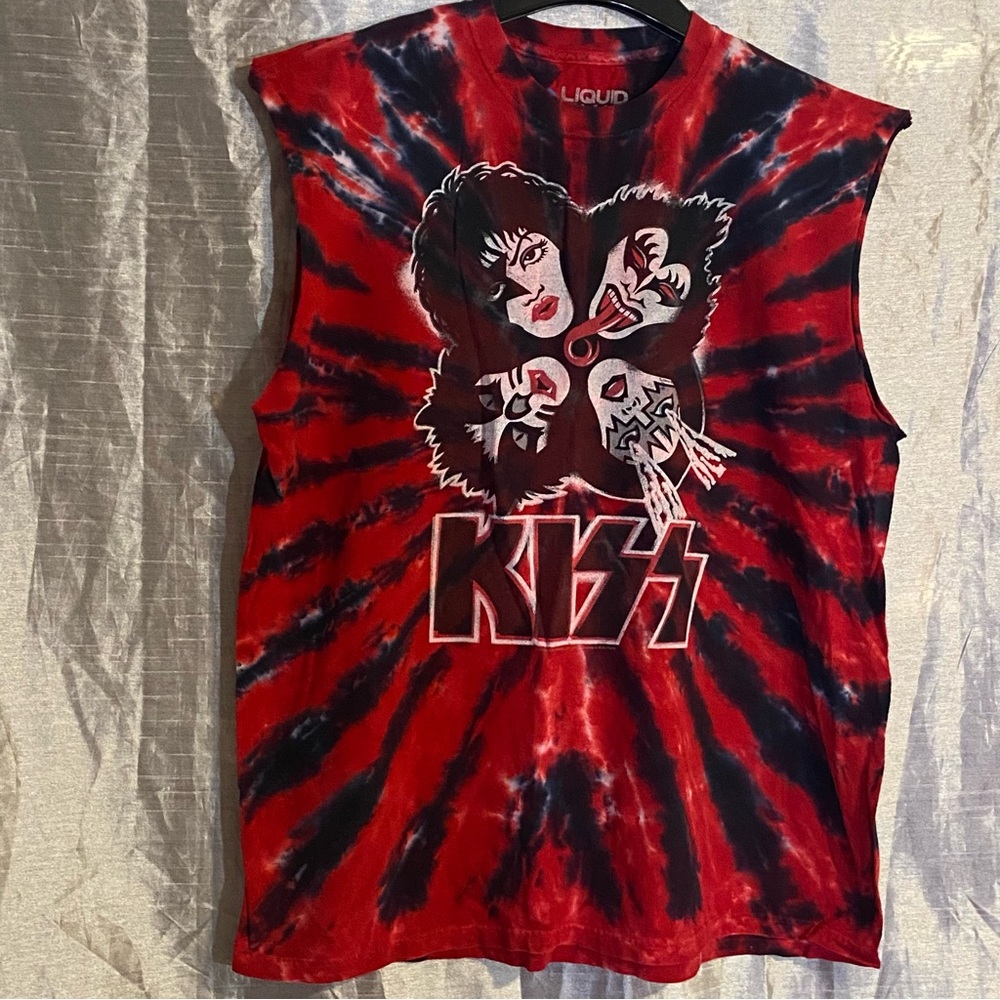 KISS Liquid Blue tie dye tee shirt SZ XL GUC, no sleeves chest 24” length 29”